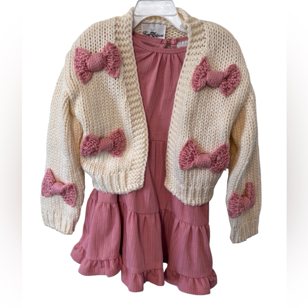 Kids Cream Chucky Cardigan with Pink Bows and Mauve Dress 2Piece Set size 5 NWTS